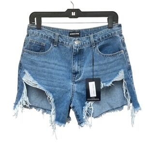 MOMOKROM PrettyLittleThing Distressed Denim Shorts‎ Blue Cut Out Ripped Size 12